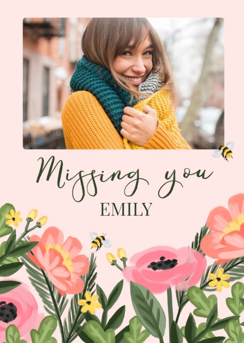 Okey Dokey Design Floral Illustrated Customisable Photo Upload Missing You Card