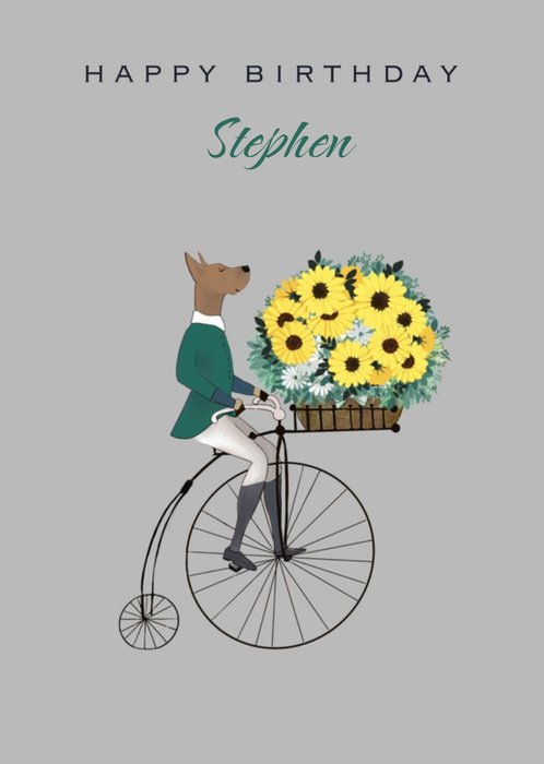 Illustrated Dog Riding A Penny Farthing Floral Birthday Card