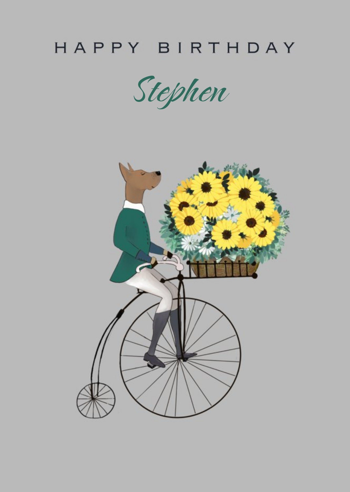 Illustrated Dog Riding A Penny Farthing Floral Birthday Card Ecard