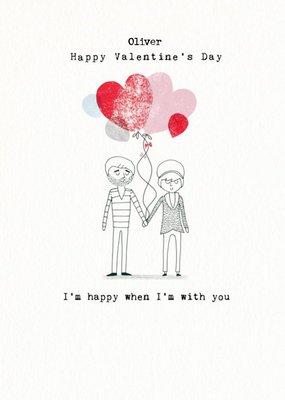 Illustration Of A Happy Couple With Balloons Holding Hands Valentine's Day Card
