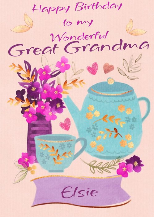 Bright Illustrated Happy Birthday To My Wonderful Great Grandma Card