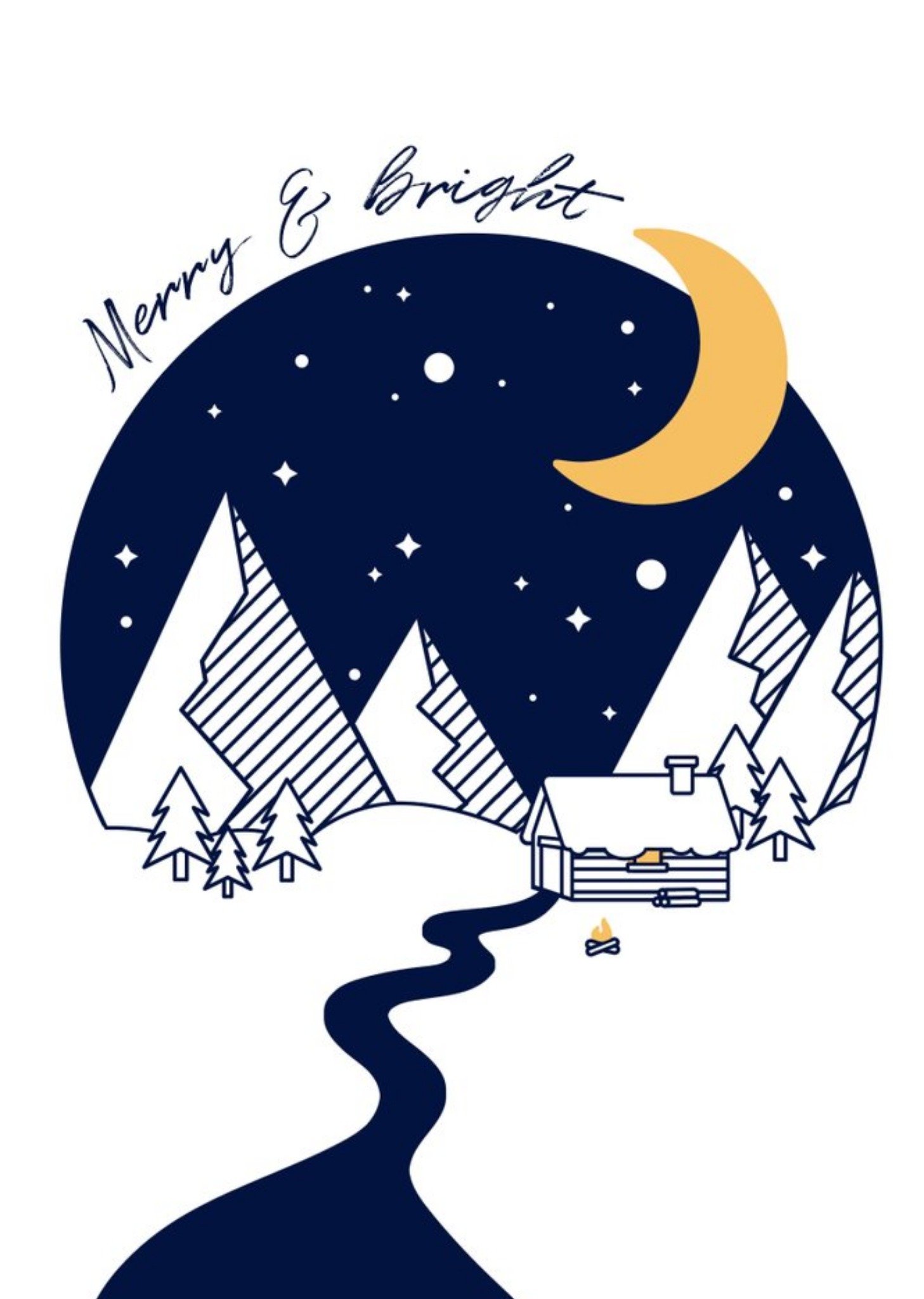 Moonpig Mountains Log Cabin Snowscape Merry And Bright Christmas Card Ecard