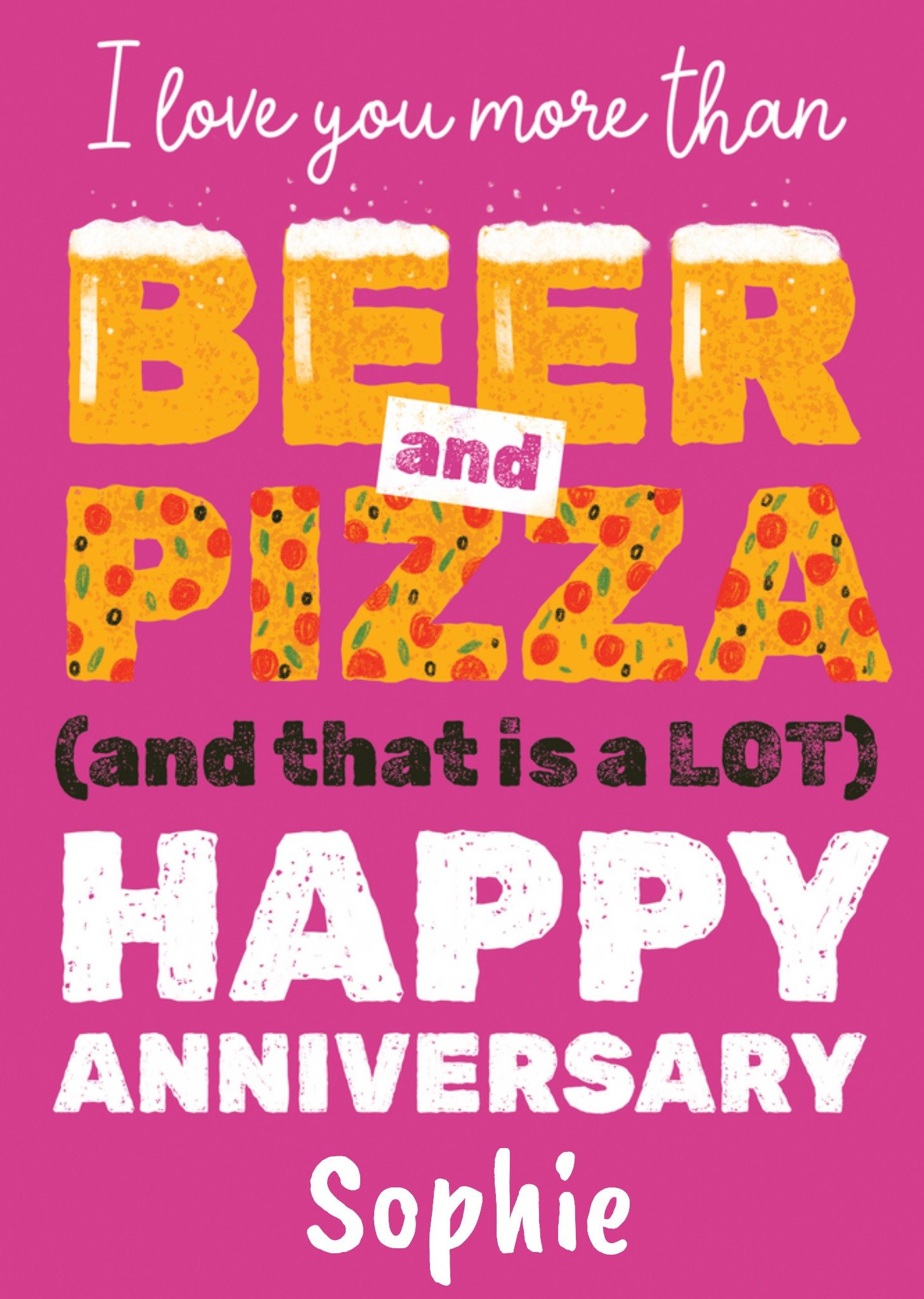 Moonpig Funny Bold Illustrated Beer And Pizza Typography Anniversary Card, Large