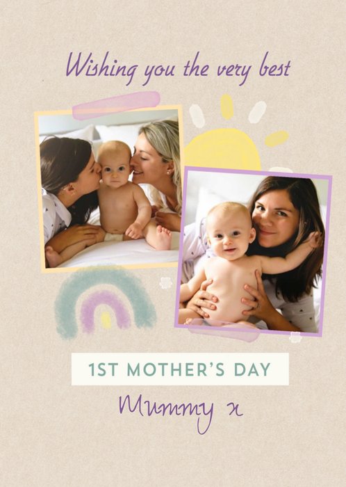 Two Photo Frames With A Rainbow And Sun On Textured Paper 1st Mother's Day Photo Upload Card