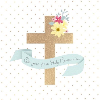 Clintons Floral Illustrated Cross First Holy Communion Card