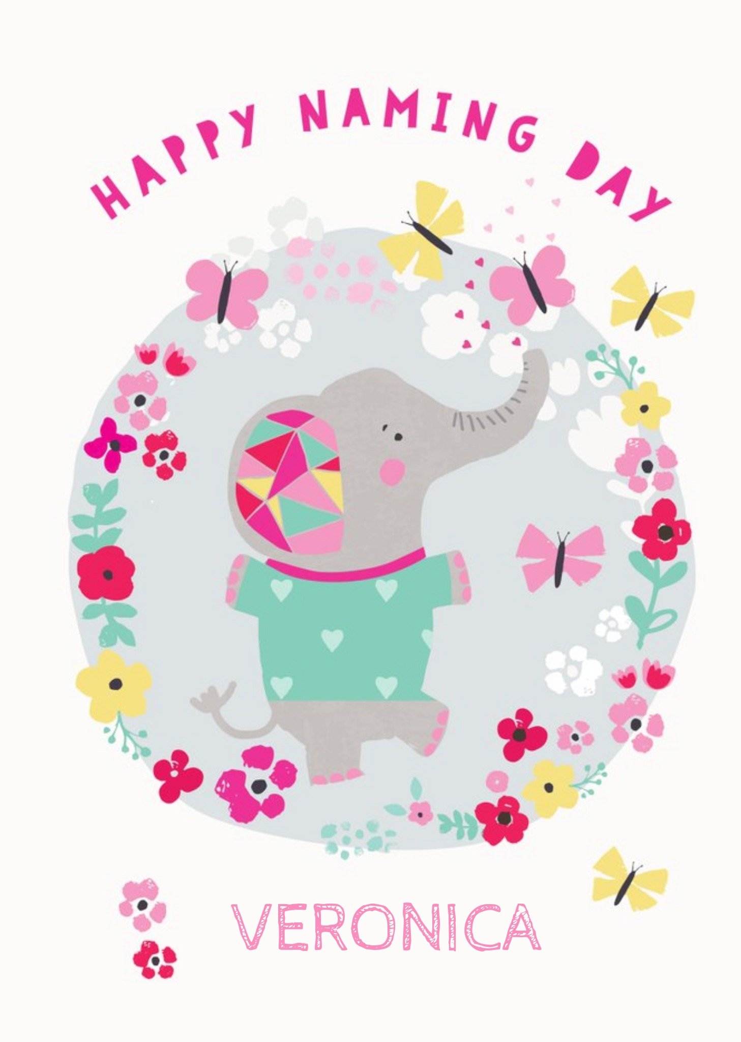Moonpig Natalie Alex Designs Illustrated Pink Elephant Naming Day Card Ecard