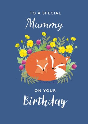Cute Illustrated Fox and Cub Floral Birthday Card