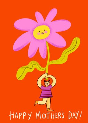 Illustration Of A Character Holding Up A Giant Flower On An Orange Background Mothers Day Card 