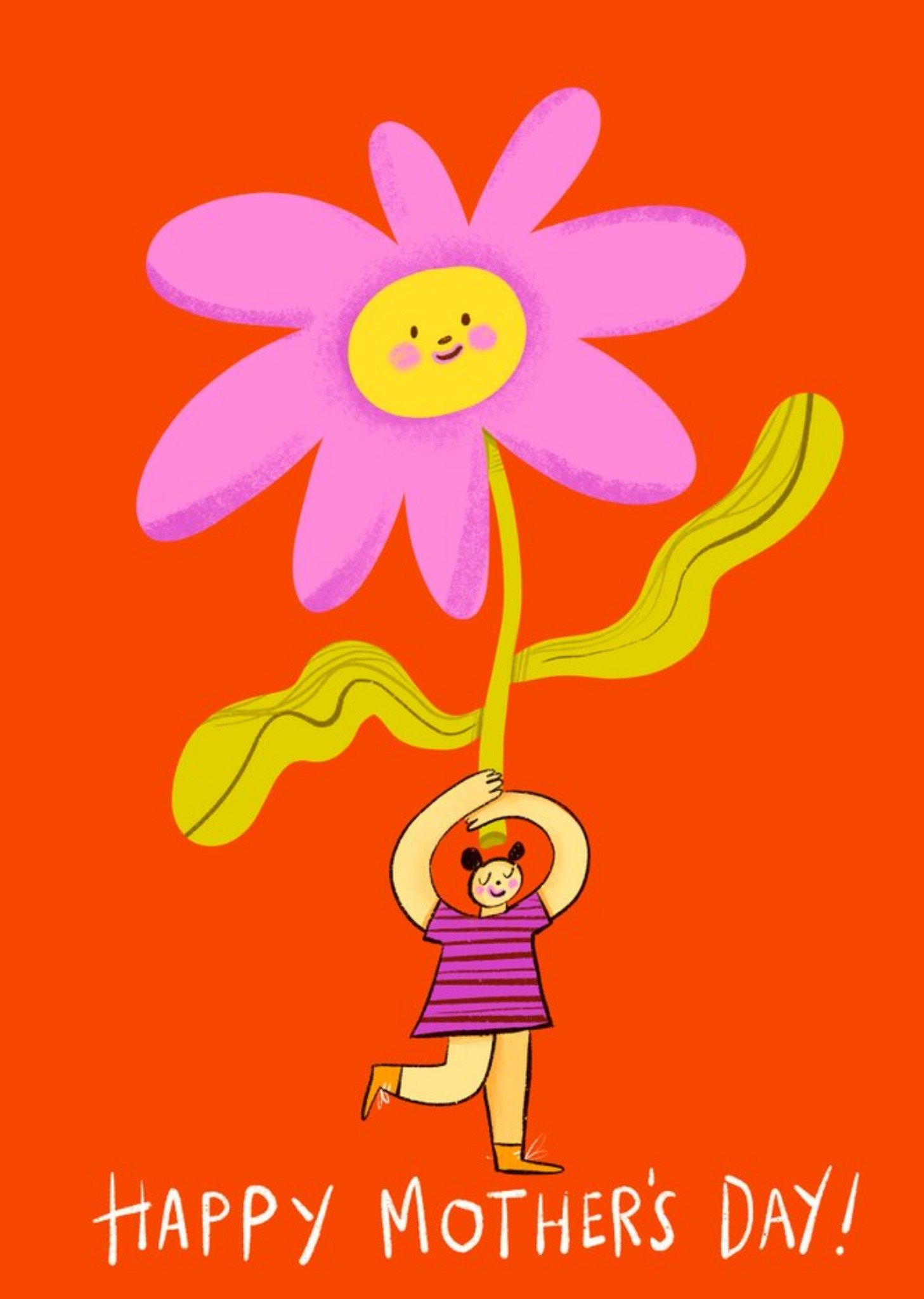 Moonpig Illustration Of A Character Holding Up A Giant Flower On An Orange Background Mothers Day Ca