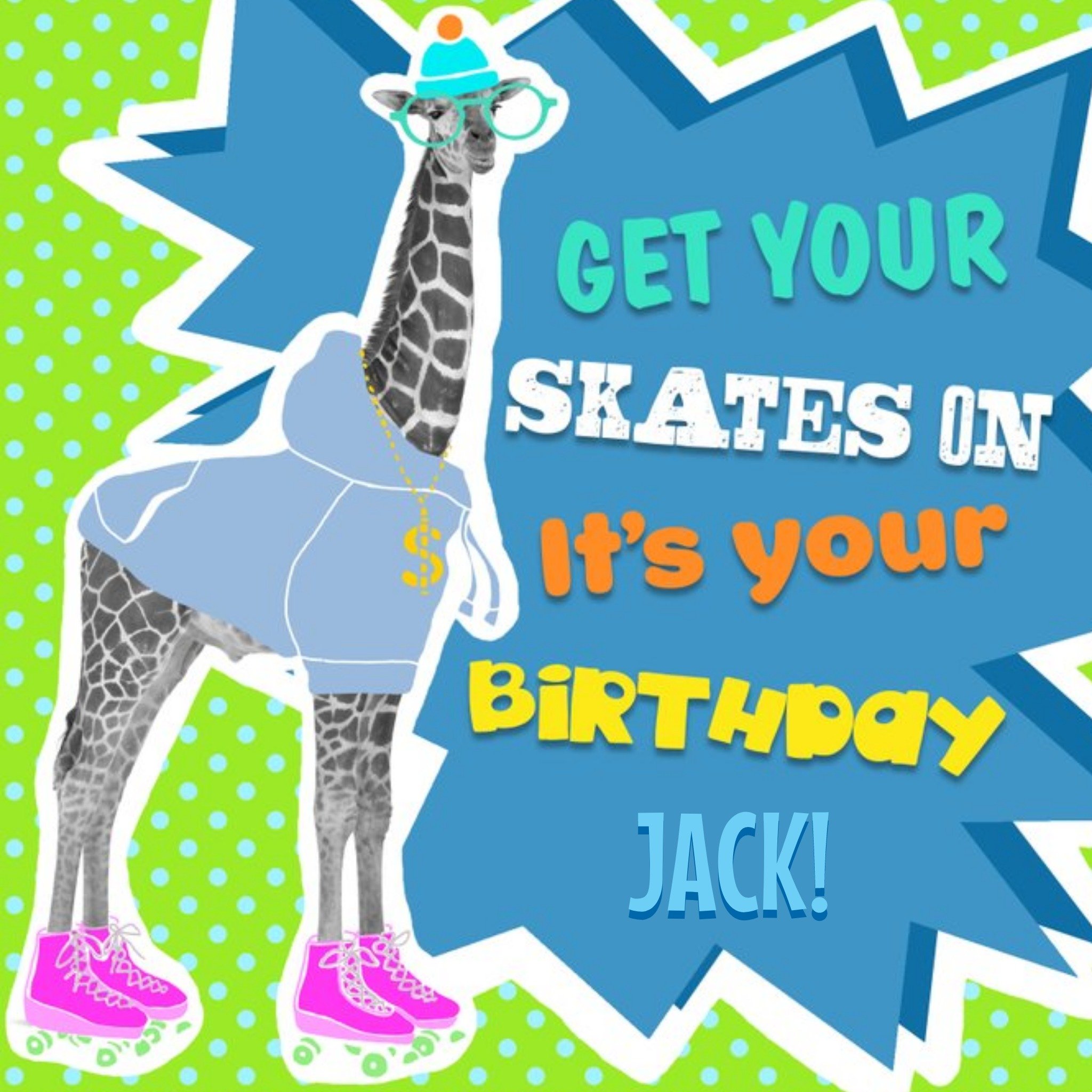 Moonpig Cartoon Giraffe Get Your Skates On Personalised Birthday Card, Square