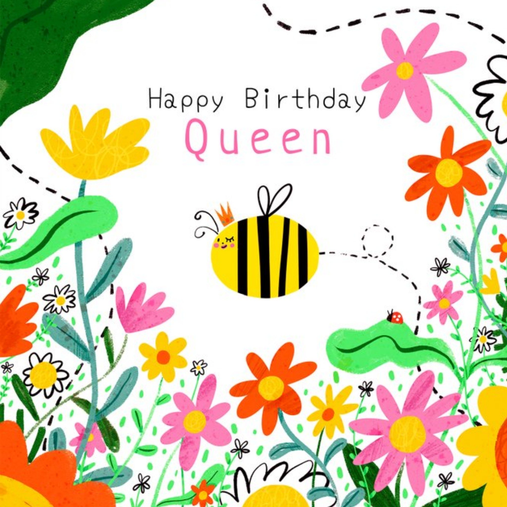 Illustrated Floral Queen Bee Birthday Card, Square