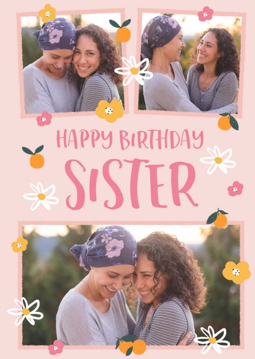 Folk Flowers Photo Upload Happy Birthday Sister Card