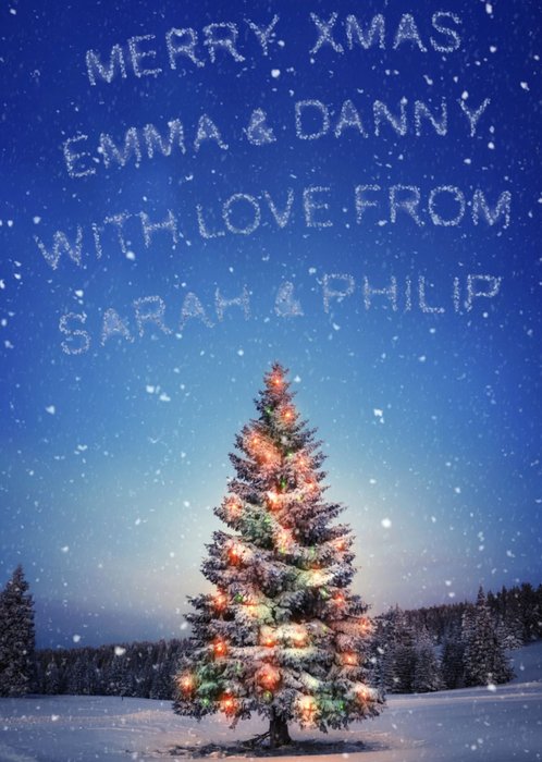 Coloured Lights On Christmas Tree With Message In The Sky Personalised Christmas Card