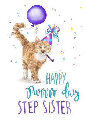 Cute Cat Happy Purrday Step Sister Birthday Card