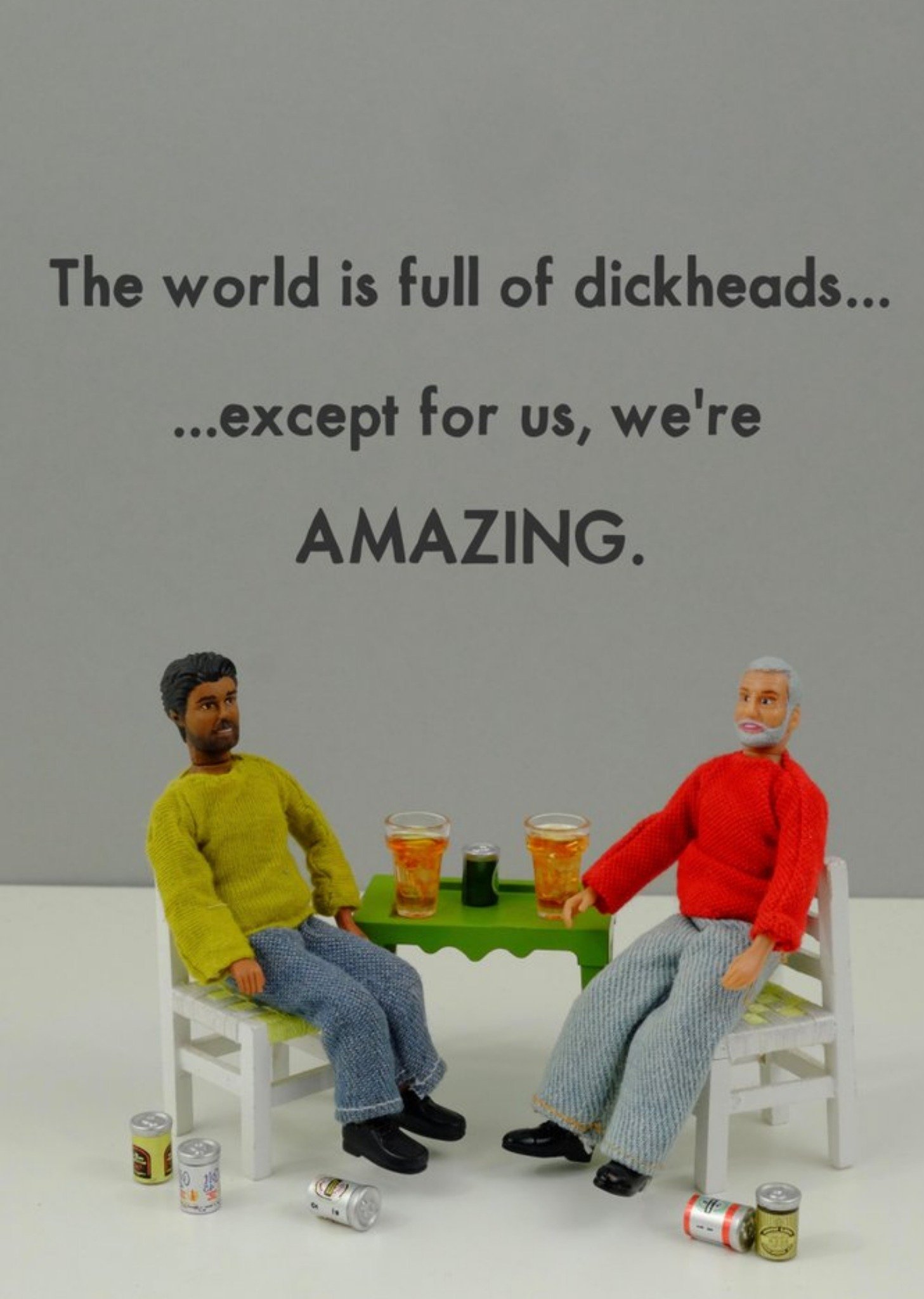 Bold And Bright Funny Photographic Image Of Two Male Dolls Drink Beer The World Is Full Of Dickheads Card 