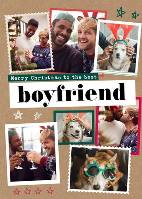 Modern Photo Upload Collage Bestest Boyfriend Christmas Card