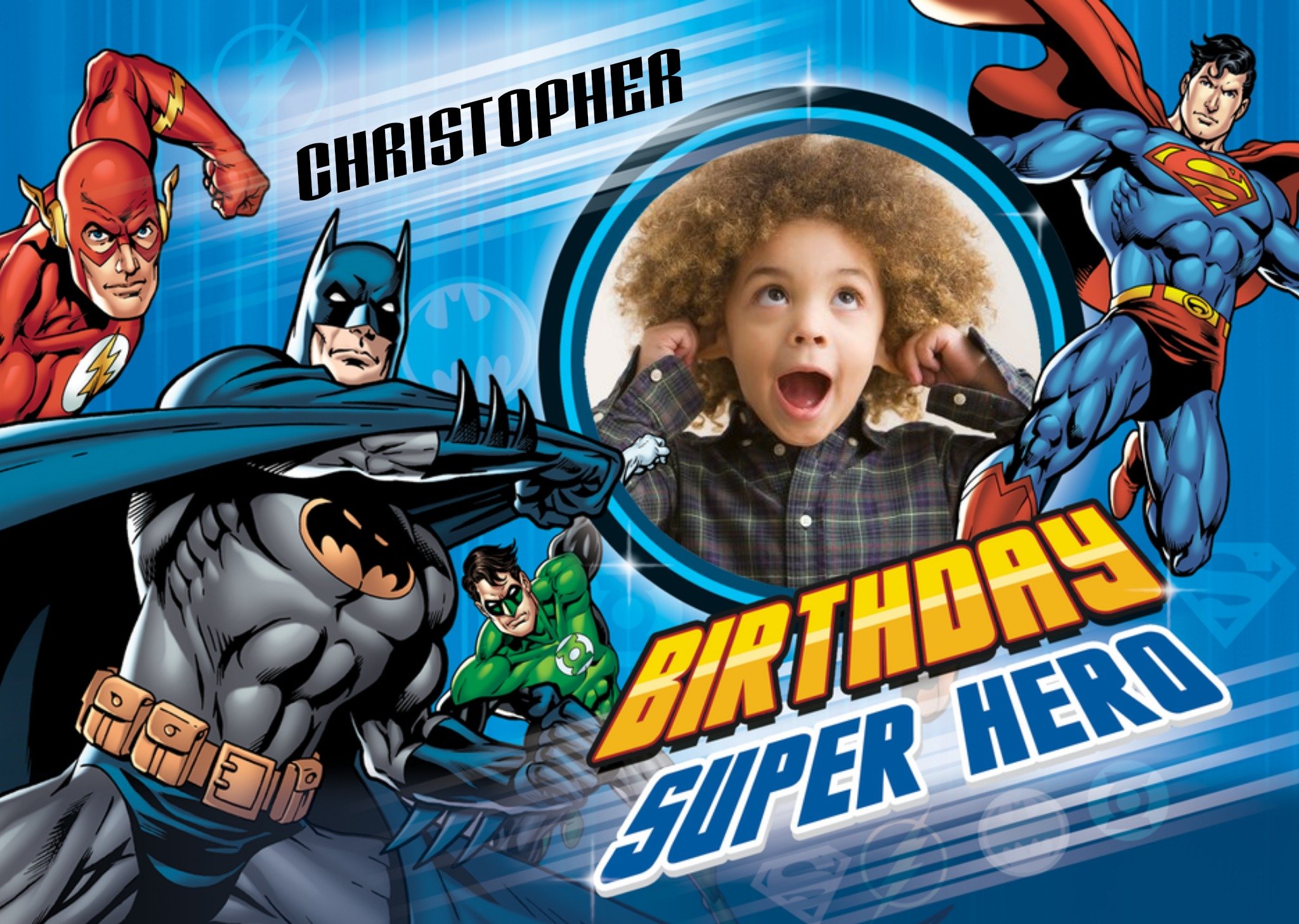 Justice League Batman Flash Superman Personalised Photo Upload Happy Birthday Card, Large
