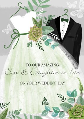 Illustration Of Wedding Outfits Surrounded By Flowers And Butterflies Wedding Day Card