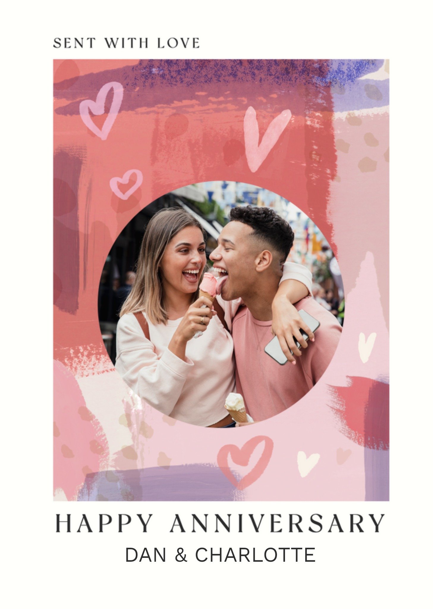 Stylish Watercolour Pattern Sent With Love Happy Anniversary Photo Upload Card Ecard