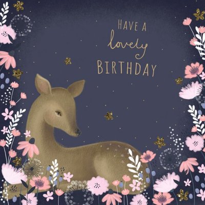 Cute Deer Have A Lovely Pink Floral Birthday Card
