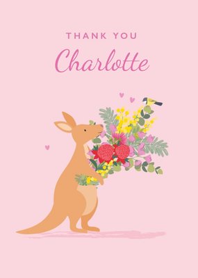 Cute IIlustration Of A Kangeroo With A Bouquet Of Flowers Thank You Card