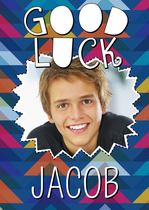 Colourful Patterned Personalised Photo Upload Good Luck Card