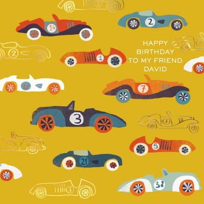 Traditional vintage racing cars friend birthday card