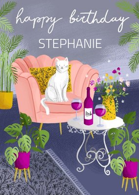 Cute Happy Birthday Cat And Wine Card