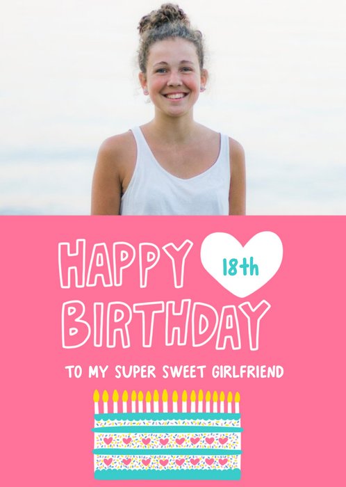 Pink Birthday Cake Typographic Girlfriend Photo Upload Birthday Card