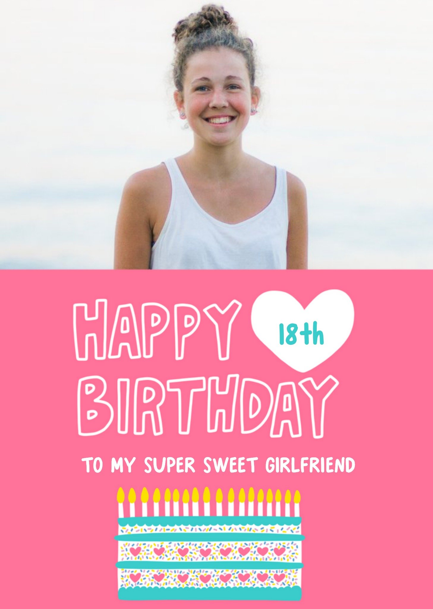 Moonpig Pink Birthday Cake Typographic Girlfriend Photo Upload Birthday Card, Large