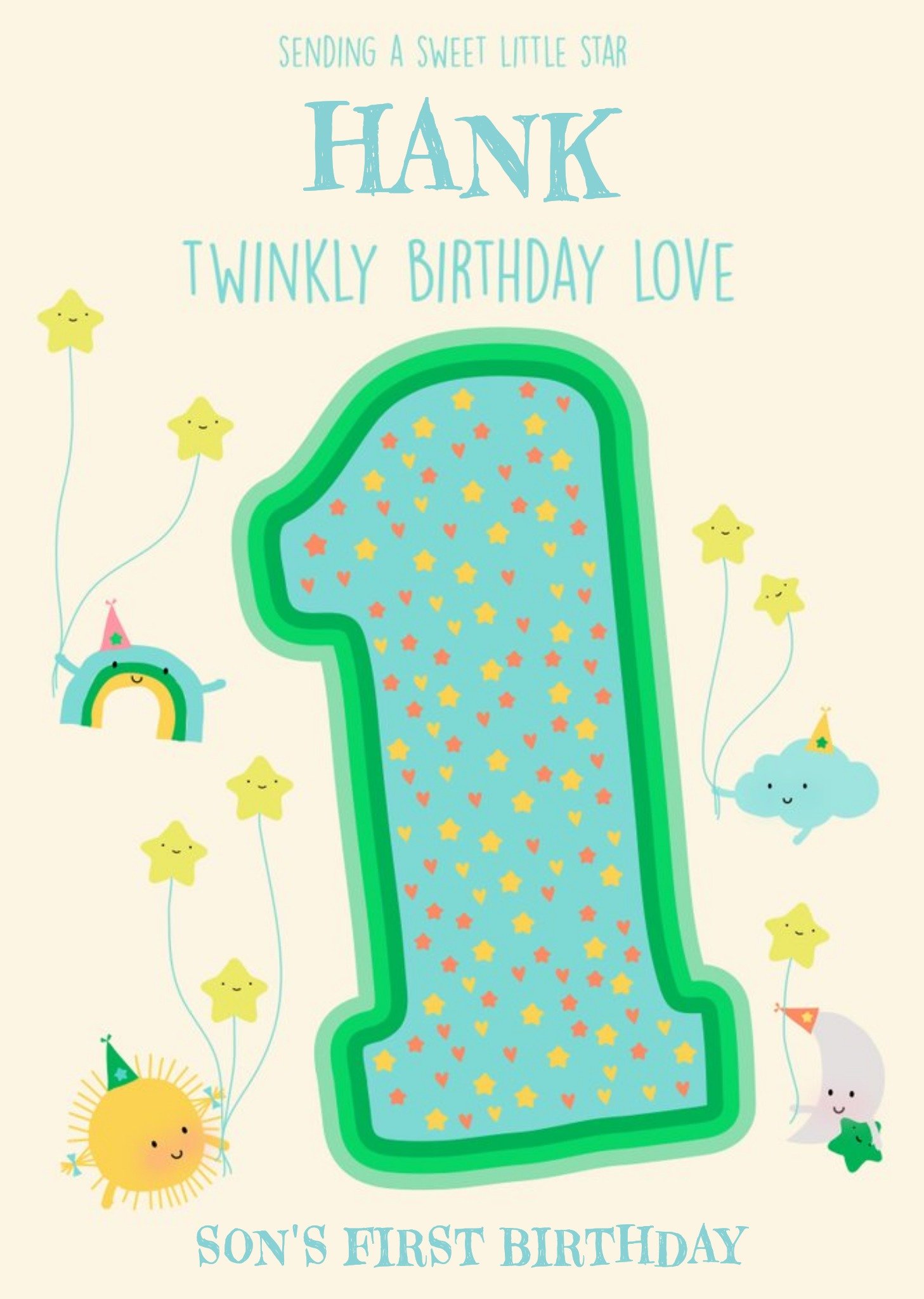 Cute Sun Cloud Rainbow Moon stars 1st Birthday Card For Son Ecard