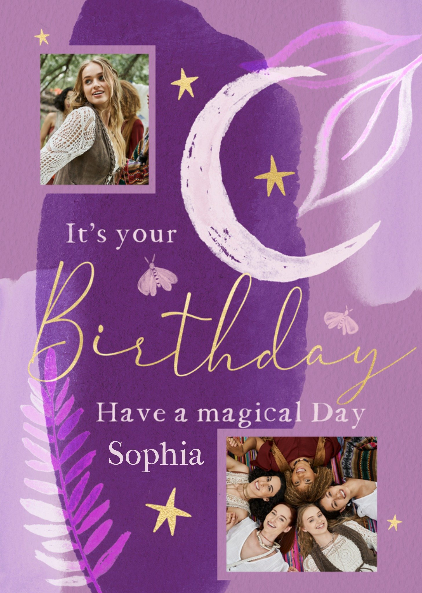 Friends Mystical Have A Magical Day Watercolour Crescent Moon Photo Upload Birthday Card, Large
