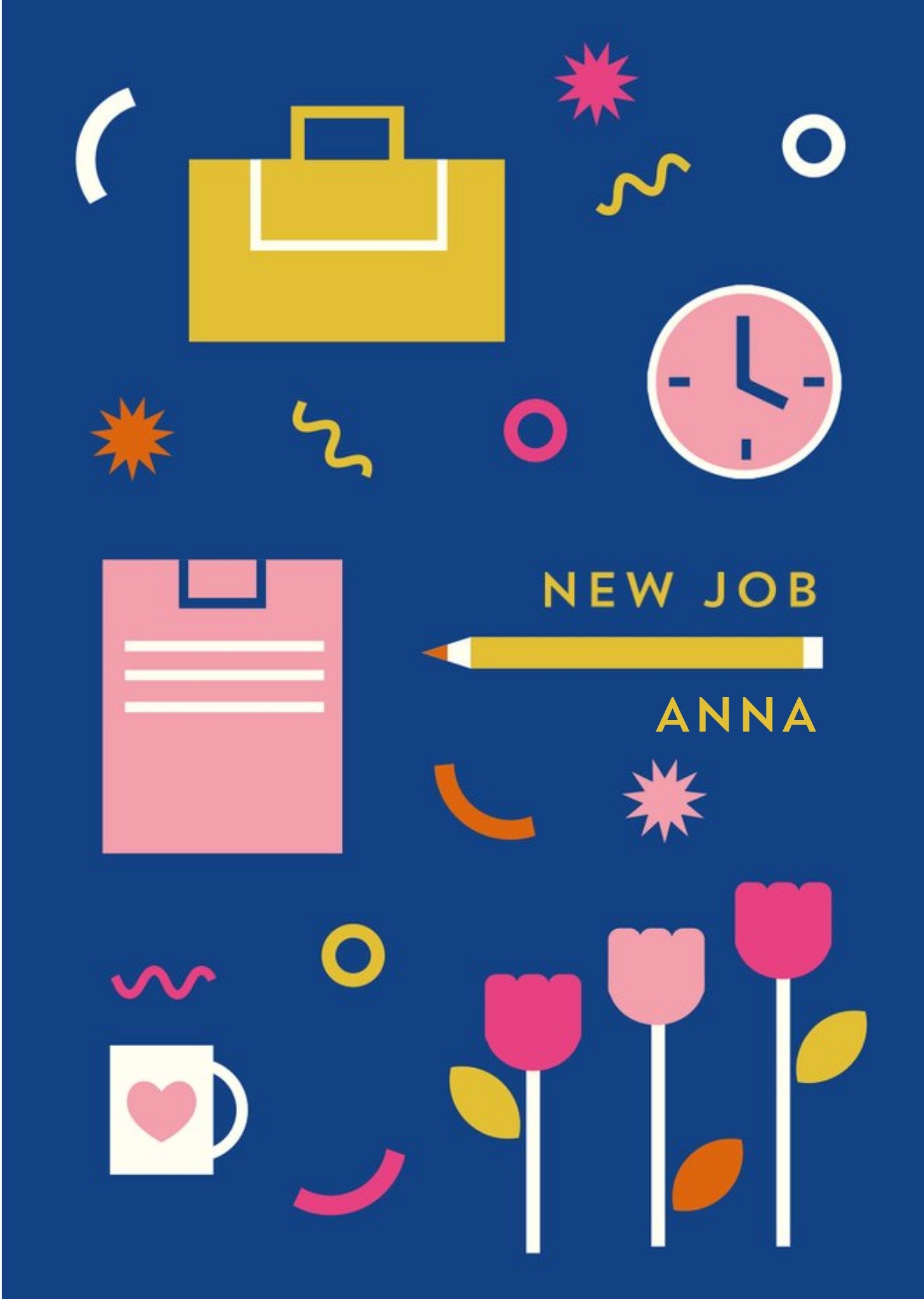 Moonpig Graphic Illustrations Of A Work Bag, Notepad, Pencil, Mug, Clock And Flowers. New Job Card, 