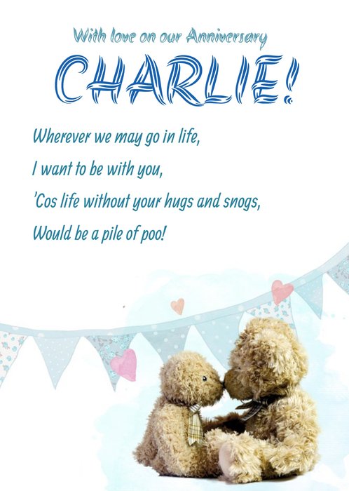 Teddies In Love With Poem Personalised Happy Anniversary Card