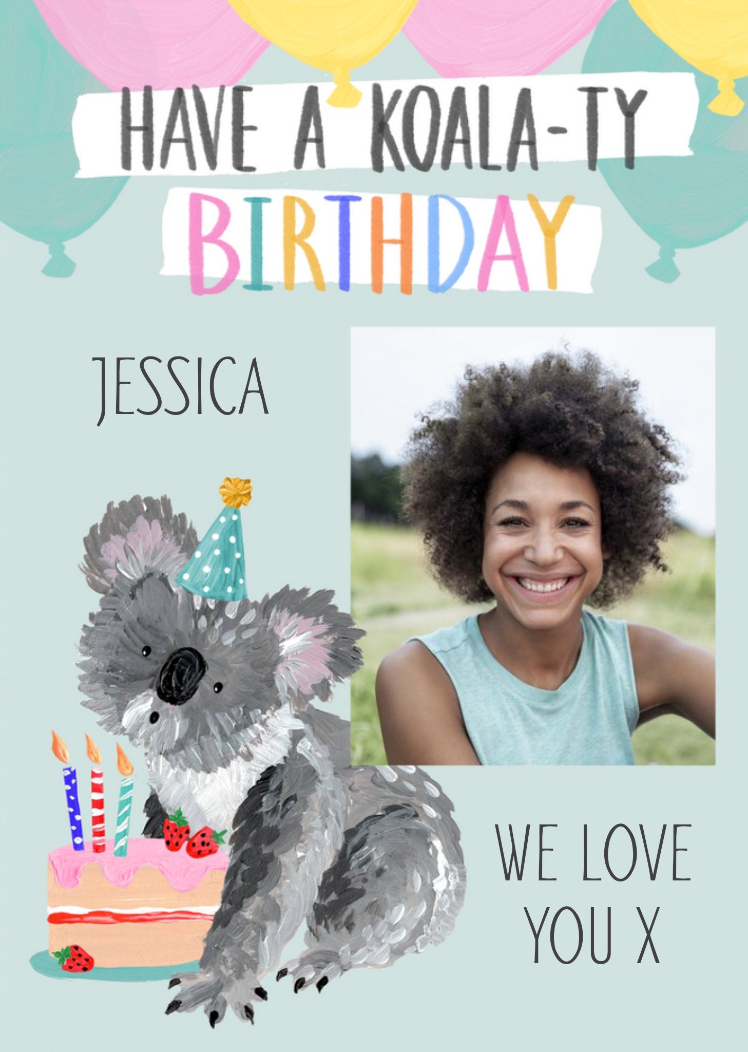 Okey Dokey Design Illustrated Koala Pun Customisable Photo Upload Birthday Card Ecard