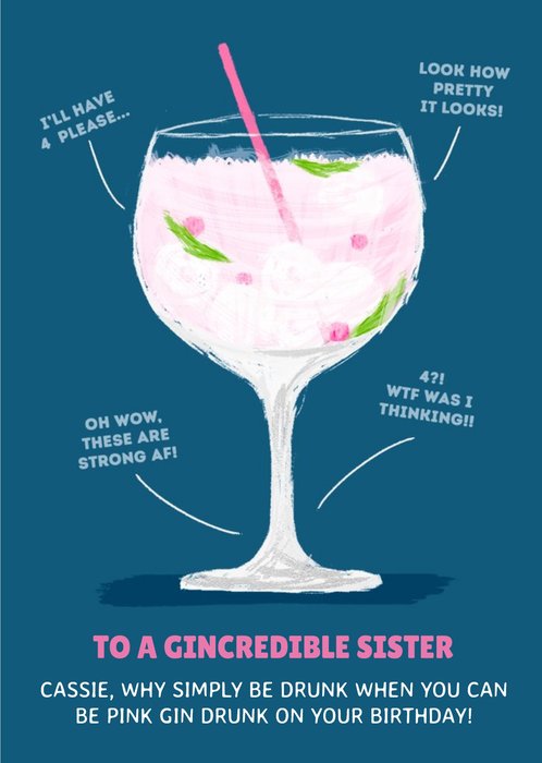 Funny Sister Birthday Card - pink gin drunk drinking alcohol
