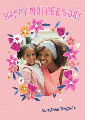 Damien Barlow Pink Floral Illustrated Photo Upload Mother's Day Card