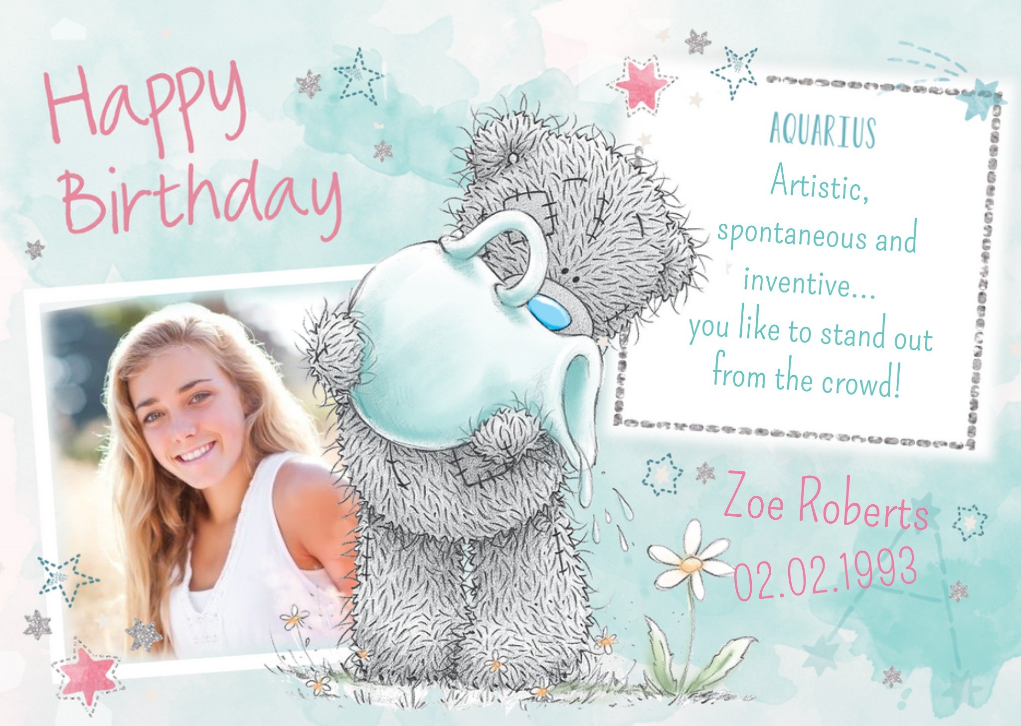 Me To You Tatty Teddy Aquarius Zodiac Happy Birthday Photo Card Ecard