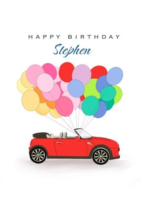 Illustrated Red Convertible Car And Balloons Birthday Card