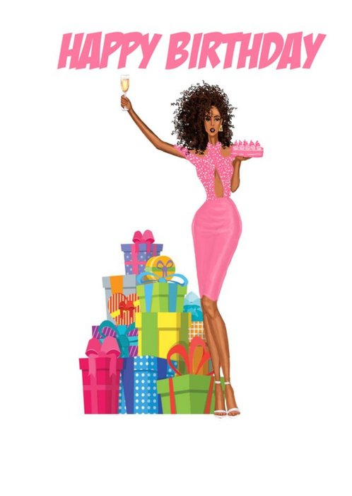 Illustrated Lady With Birthday Presents Birthday Card