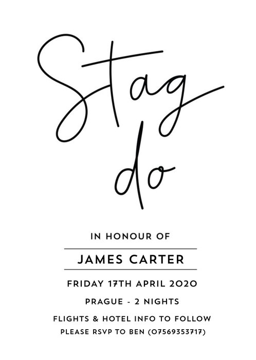 Typographic Wedding Stag Do Invitation Card