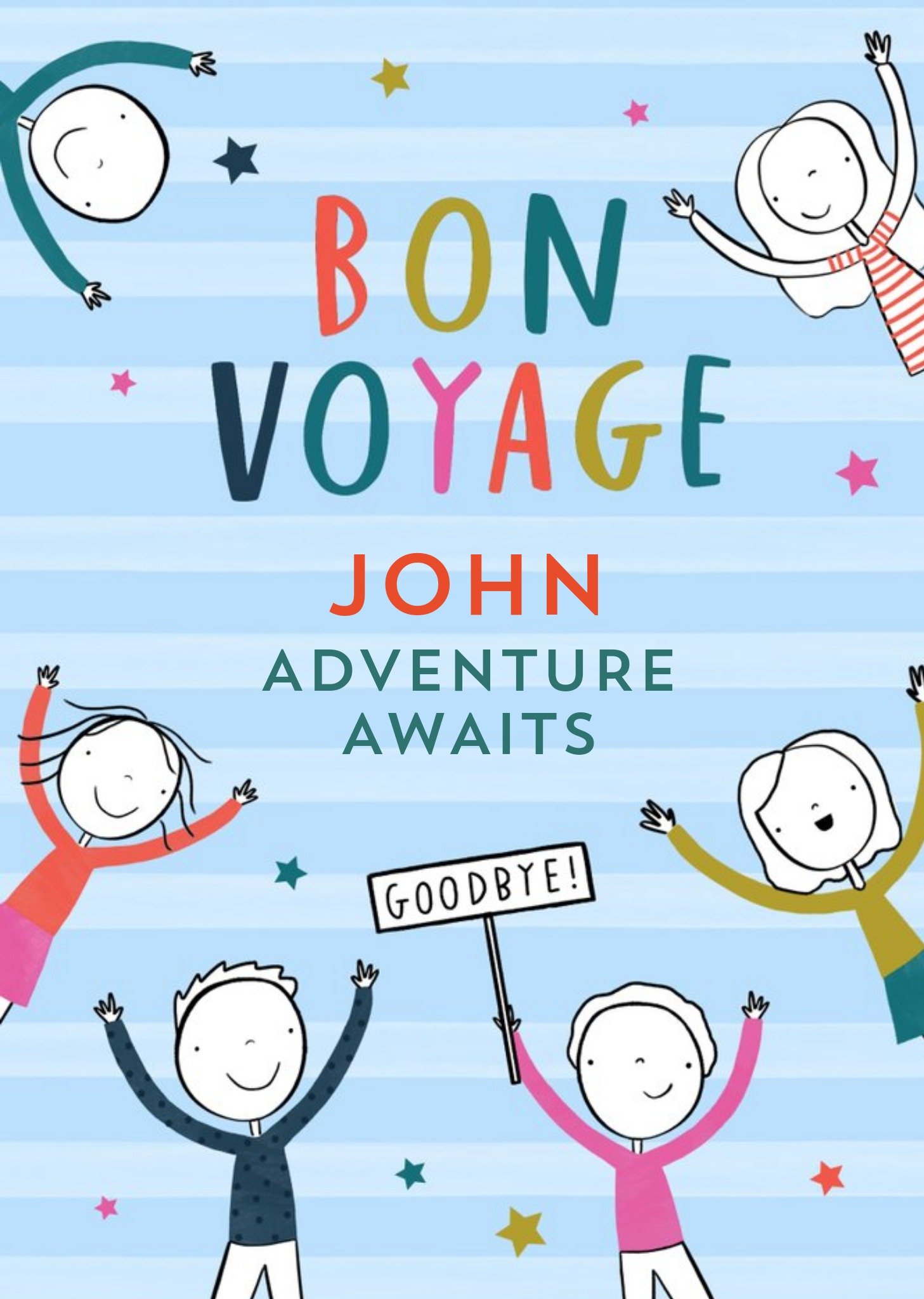 Moonpig Quirky Illustration Of People Surrounding Colourful Text Bon Voyage Card, Large
