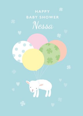 Illustration Of A Cute Little Lamb Soaring In The Sky With Balloons Baby Shower Card