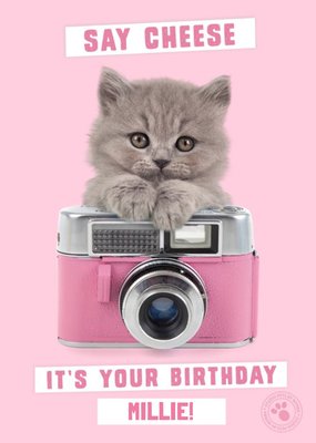 Little kitten holding vintage camera - Personalised Birthday Card