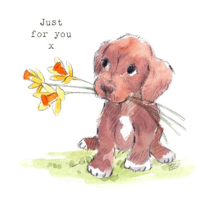 Illustration Of A Cute Puppy With Daffodils Just For You Card