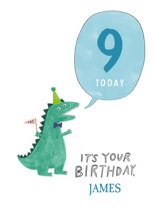 Illustration Of A Dinosaur In A Party Hat Nineth Birthday Card