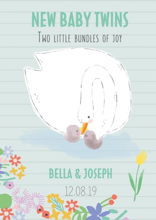Cute Parent and Baby Swan Twins Two Little Bundles Of Joy New Baby Card