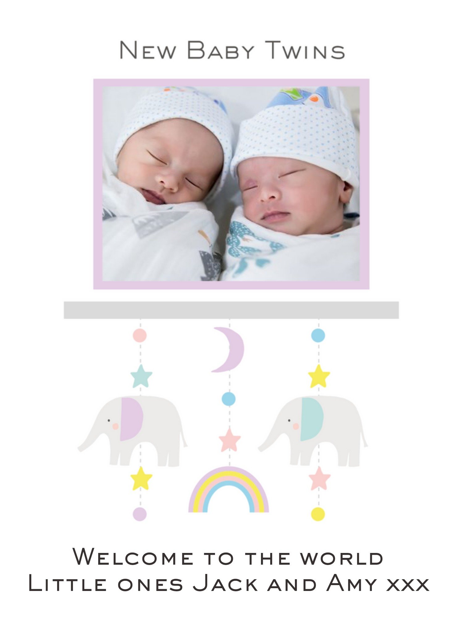 Illustrated Cute Mobile New Baby Twins Card Ecard