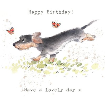 Illustration Of A Cute Dog Chasing Butterflies Birthday Card