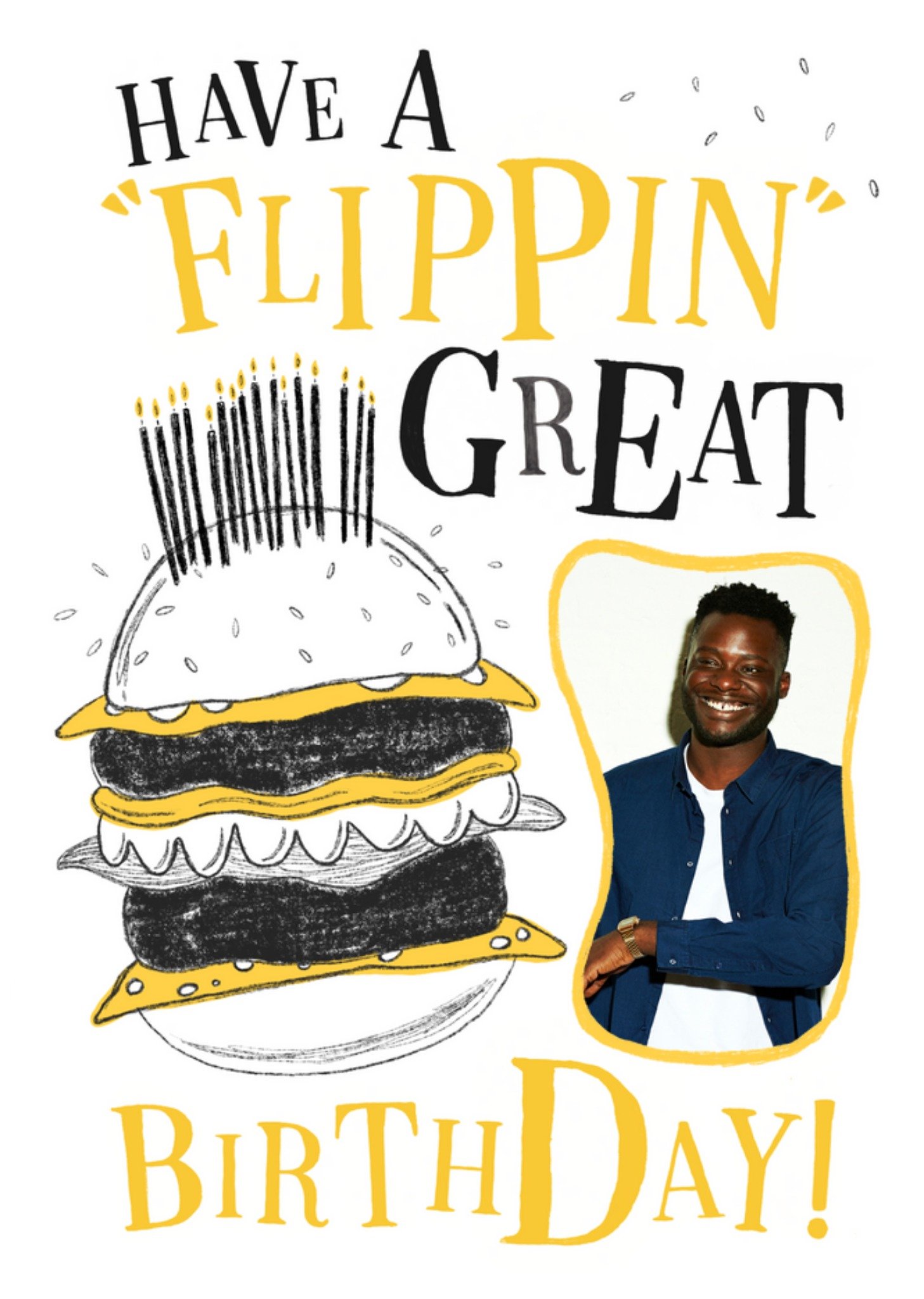 Moonpig Humorous Flippin Great Illustrated Cheese Burger Birthday Cake Photo Upload Card Ecard